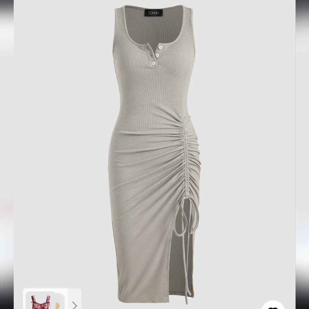 Rib Button Drawstring Midi Dress